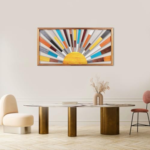 Large Boho Sun Wall Art Framed Wooden Art Wall Decor Rainbow Sun Rising On The Horizon Geometric Line Sunshine Wall Art for Living Room Bedroom Office 16"x32"
