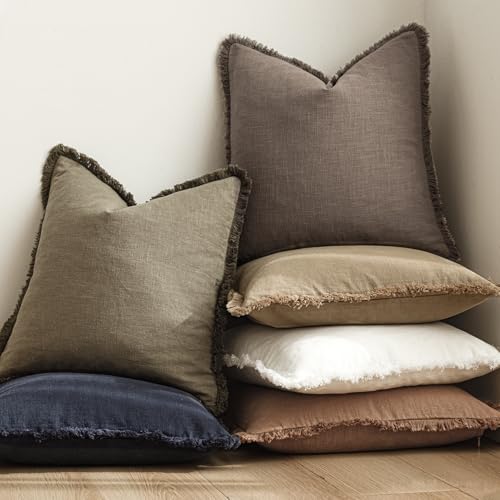 Decorative Linen Fringe Throw Pillow Covers 18×18 Light Coffee (2 Count)