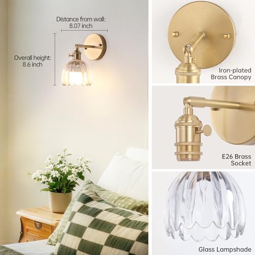 Vintage Battery Operated Wall Sconce with Transparent Tulip Glass Lampshade Rechargeable Battery Powered Wall Light with Remote Control for Bedside Bedroom Doorway (2 Count)