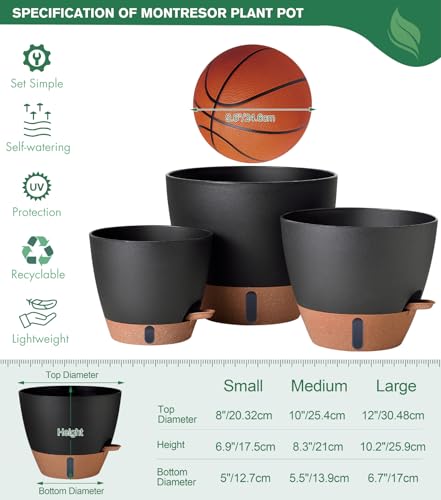 12/10/8 Inch Self Watering Pots for Indoor Plants Plastic Large Plant Pots for Outdoor Plants, Water Level Window & Spacious Reservoir Flower Pots Decorative Planter with Drainage and Tray (3 Count)