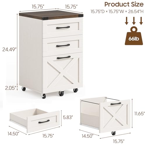 Farmhouse 3 Drawer Small File Cabinet with Wheels