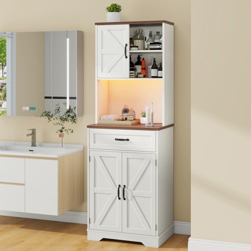 68" Farmhouse Storage Cabinet with LED Light & Charging Station