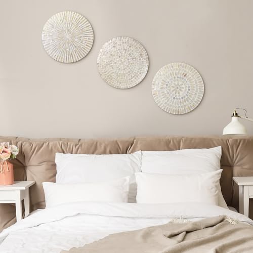 3 Pcs 11.8 Inches Mother of Pearl Shell Plate Coastal Wall Art Mosaic Wall Sculpture Shell Handmade Hanging Plates Arts for Halloween Christmas Bedroom Bathroom Home Office Hotel (3 Count)