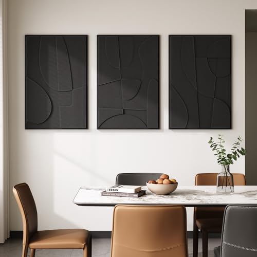 Large 3D Textured Modern Black Abstract Wall Art for Living Room (3 Count)