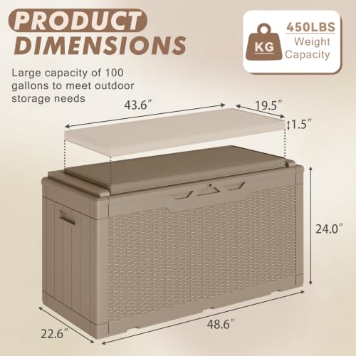 100 Gallon Deck Box Waterproof Outdoor Storage Box with Cushion