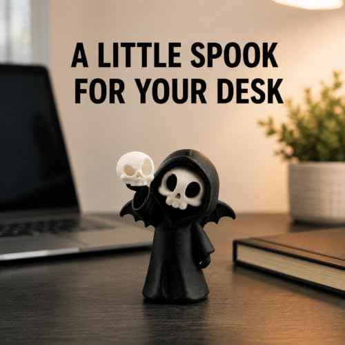 Halloween Miniature Skeleton Figurine Cute Grim Reaper Skeleton Holding Skull with Black Hooded Gothic Desktop Decoration Spooky Collectible Ornament for Home Office Party Cake Display Gift