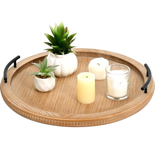 18Inch Brown Wooden Beaded Serving Tray with Handle Decorative Rustic Tray for Coffee Table Farmhouse Round Trays for Kitchen