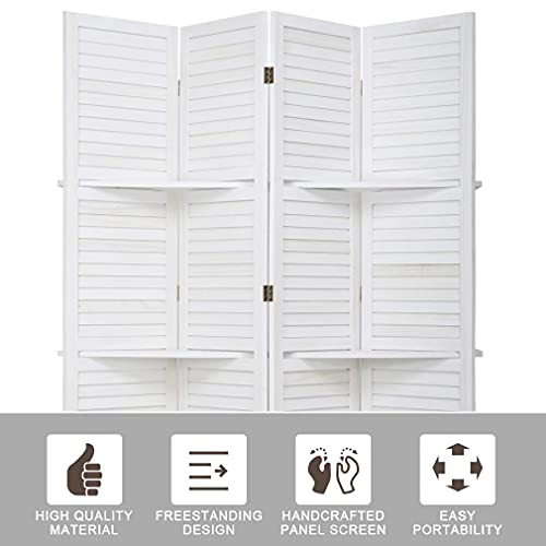 4 Panel Room Divider Folding Privacy Wooden Screen with Three Clever Shelf Portable Partition Wood Divider for Home Office