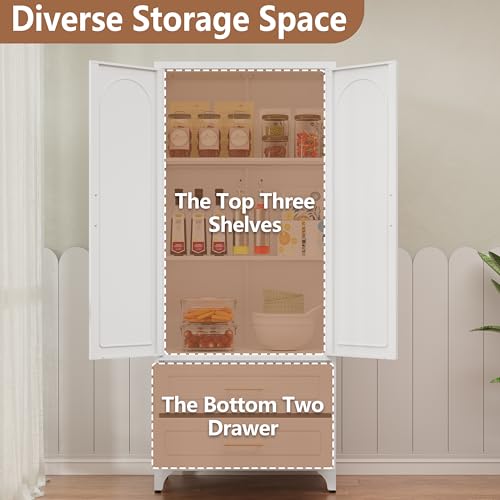 75" Tall White Metal Pantry Storage Cabinet with 2 Drawers