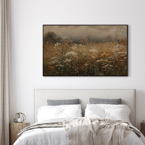 36"x60" Extra Large Framed Wall Art Autumn Meadow Landscape Rustic Brown and Golden Field Illustration for Home Living Room Bedroom Decor