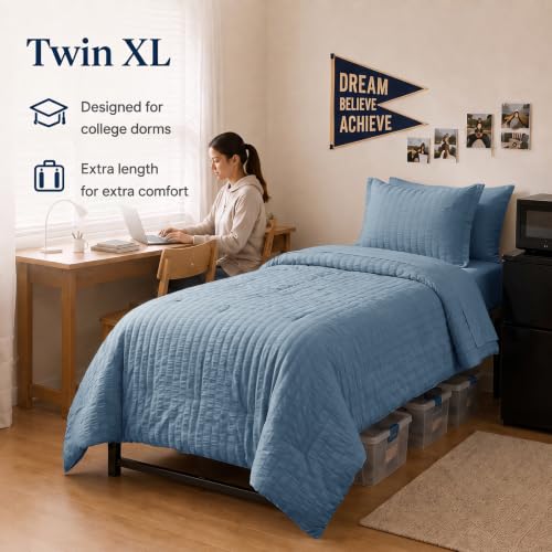 Twin XL Comforter Set 5 Pieces Grayish Blue Seersucker Bed in a Bag