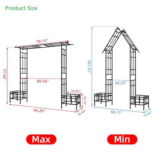 Metal Garden Arch with Plant Box Adjustable Width W68.11'' ~W94.29'' Garden Trellis Climbing Plants Support Rose Arch Outdoor Wedding Party Events Archway