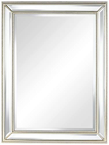 Palais Rectangular Vanity Decorative Accent Wall Mirror Modern Beaded Beveled Glass Mottled Silver Mirrored Frame 30" Wide for Bathroom Bedroom Living Room Home House Office