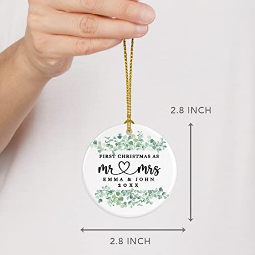 Personalized Our First Christmas As Mr. & Mrs. 2026 Christmas Ornaments Greenery Eucalyptus 2.8" Round Porcelain Ceramic 1st Year Married Custom Ornament Keepsake for Newlyweds 1