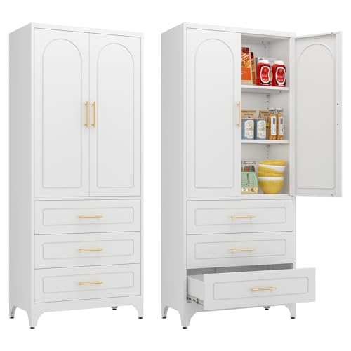 75" Tall White Metal Pantry Storage Cabinet with 3 Drawers