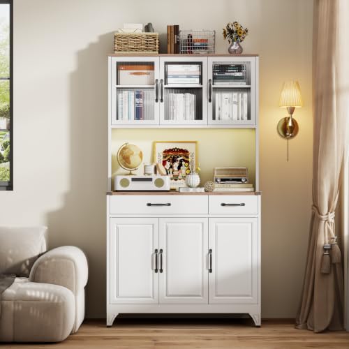 74.8" Tall Metal Pantry Cabinet with Charging Station & LED Light