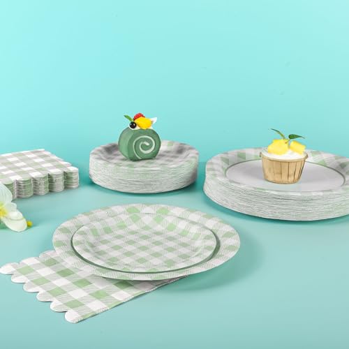 150Pcs Sage Green Gingham Paper Plates and Napkins Green Plaid Plates (150 Count)