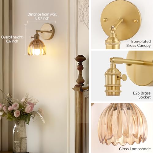 Vintage Battery Operated Wall Sconce with Amber Tulip Glass Lampshade 5000 mAh Rechargeable Battery Powered Wall Light with Remote Control for Bedside Bedroom Doorway (2 Count)