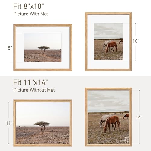 11x14 Picture Frame Set of 4 Natural Solid Oak Photo Frames with 8x10 Removable Mat Wall Hanging Large Handcrafted Frame with HD Plexiglass Wall and Tabletop Display Large Poster Frame (4 Count)
