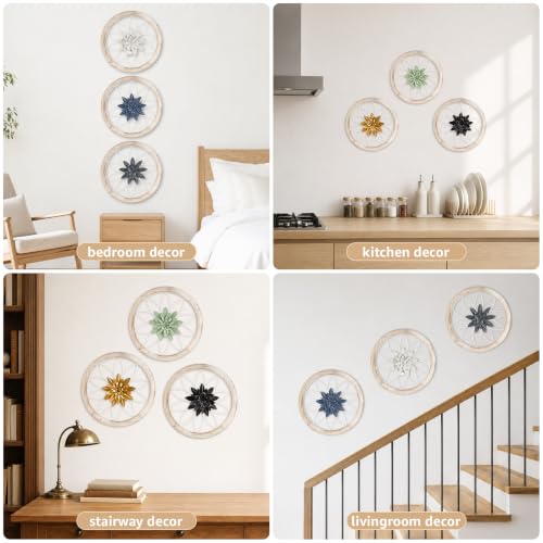 3 Piece Round Farmhouse Wall Decor with 6 Piece Interchangeable Flowers 15.75'' Medallion Wood & Metal Rustic Wall Art for Living Room Bedroom Kitchen Bathroom Dining Room Home Decorations