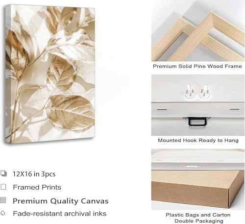 3 Pcs Modern White Gold Floral Leaves Canvas Wall Art 12x16in (3 Count)