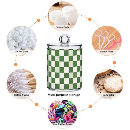2 Pack Qtip Holder Organizer Dispenser Green White Checkered Pattern Bathroom Storage Canister Cotton Ball Holder Container for Cotton Pads (2 Count)