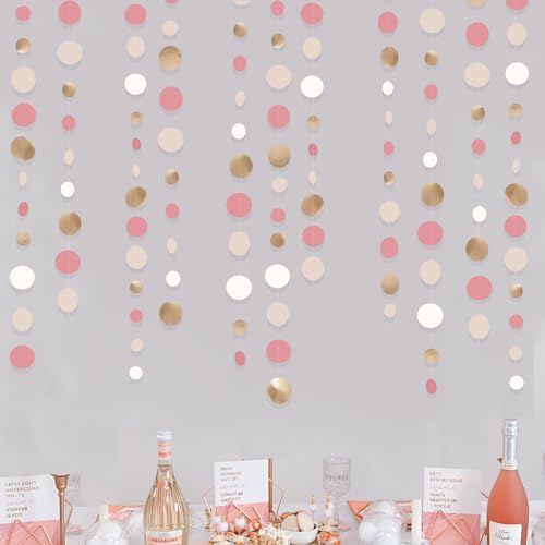 Champagne Gold Dusty Pink Decorations Circle Dots Garland Gold Pink Nude Neutral Cream White Boho Hanging Polka Dot Streamer for Bridal Shower Birthday Wedding Engagement Party Supplies