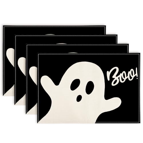 Halloween Ghost Placemats Black Cute Ghost Boo Table Mats 12 x 18 Inch Trick or Treat Kitchen Place Mats for Party Home Dining Table Decoration (4 Count)