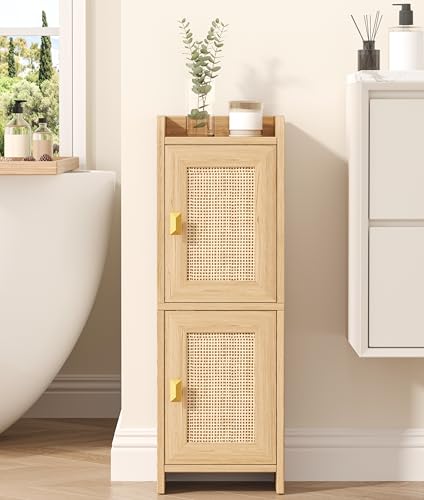 Rattan Small Bathroom Cabinet Narrow Toilet Paper Organizer Oak