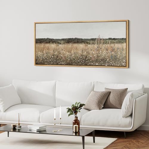 Extra Large Framed Canvas Print Wall Art Misty Morning Meadow with Wildflowers Antique Retro Fine Art Illustrations Decorative Colorful for Bedroom