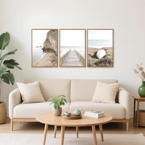 3 Pcs Neutral Beach Coastal Framed Canvas Wall Art 16x24 Inch