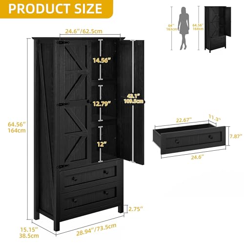 64.5" Farmhouse Pantry Cabinet with 2 Drawers & Shelves