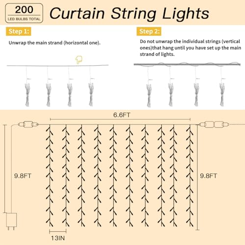 200 LED Warm White Curtain String Lights 9.8x6.6FT