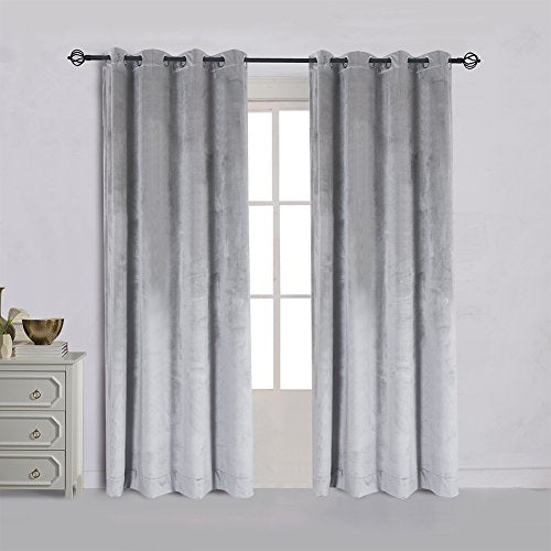 Super Soft Luxury Room Darkening Velvet Silver Gray Classic Blackout Curtains Panels Home Theater Grommet Drapes 52Wx63L inch Light Grey