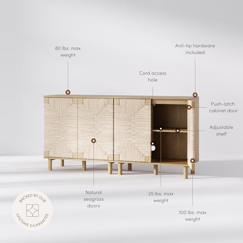 Beacon Accent Natural Sideboard Storage Cabinet TV Stand in Light Wood with Adjustable Interior Shelf and Seagrass Doors