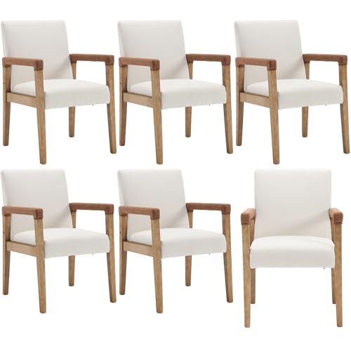 Modern Dining Chairs Set of 6 Linen Fabric Kitchen Arm Chairs Upholstered Accent Chairs with Wooden Legs for Dining Room (6 Count)