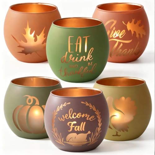 Thanksgiving Votive Candle Holder Set of 6 for Fall Table Centerpiece Decor (6 Count)