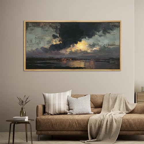Extra Large Framed Canvas Print Wall Art Misty Lake Landscape Antique Retro Fine Art Illustrations Decorative Colorful for Bedroom
