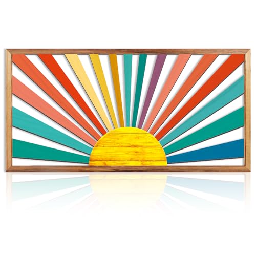 Large Boho Sun Wall Art Framed Wooden Art Wall Decor Colorful Rainbow Geometric Line Sunshine Artwork for Living Room Bedroom Office 16x32 Inch