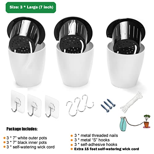3 Pack Self Watering Wall Hanging Planter Pots Vertical Garden Window Hang Mount Indoor Outdoor Plant Flower Basket for Kitchen Herbs Balcony Railing Shelf Fence Bedroom Trellis Decor Modern White Box (3 Count)