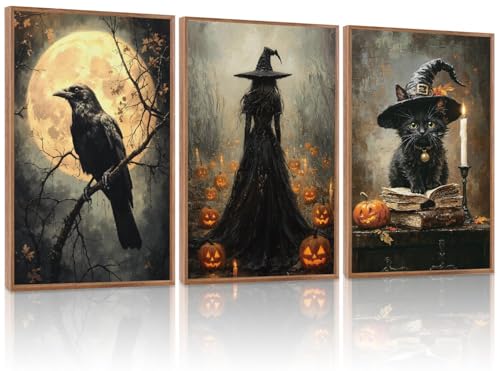 Black Cat Halloween Wall Art Dark Witch Gothic Print Set