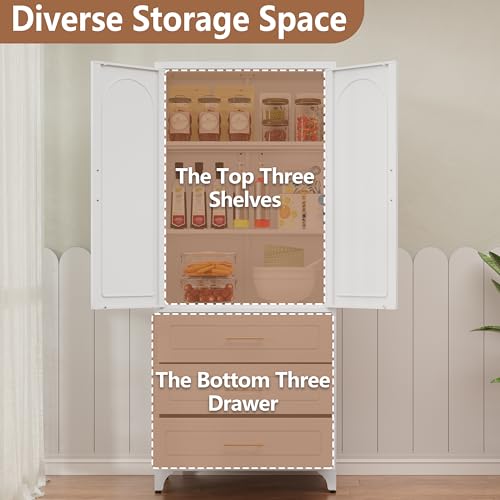 75" Tall White Metal Pantry Storage Cabinet with 3 Drawers