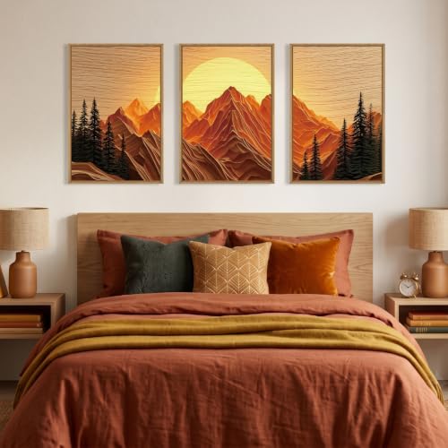 Large Boho Golden Mountain Framed Canvas Wall Art Set