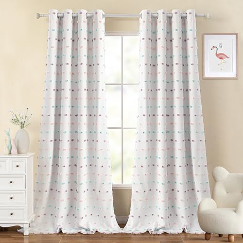 Total Blackout Curtains for Living Room 95 Inch Long 100% Light Blocking Curtains for Bedroom 2 Panels Set Privacy Protect Grommet 2 Layered Drapes with Rainbow Pom Pom Sheer 50W x 95L (2 Count)