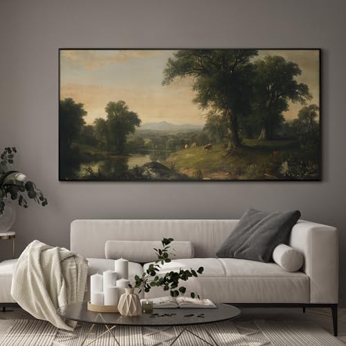 36"x72" Extra Large Framed Wall Art Classic River Valley Landscape Vintage Style Countryside with Trees and Cows Illustration for Home Living Room Bedroom Decor
