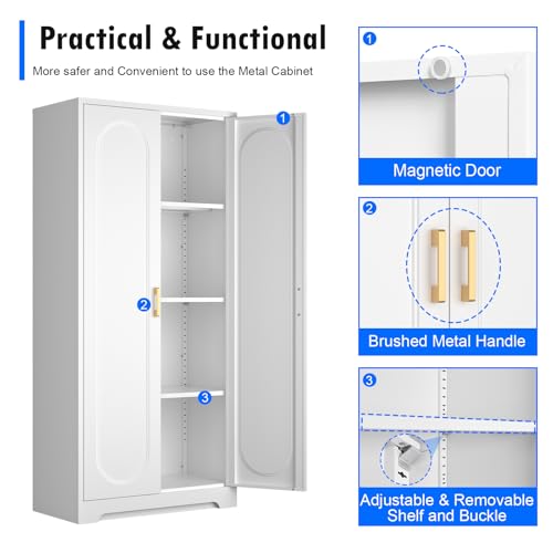 60" White Metal Kitchen Pantry Storage Cabinet with Doors and Shelves