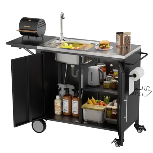 Outdoor Grill Table with Sink & Foldable Worktop