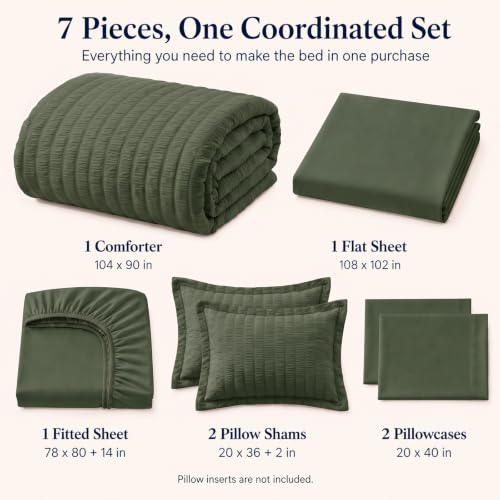 King Size Comforter Set 7 Pieces Dark Green Seersucker Bed in a Bag