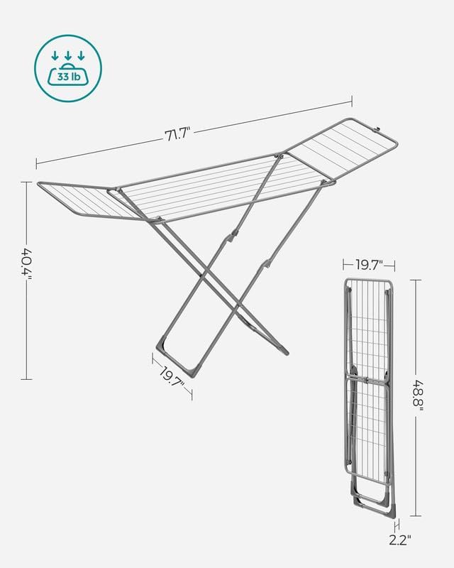 SONGMICS Clothes Drying Rack, Metal Laundry Drying Rack, Foldable, Space-Saving, Free-Standing Airer, with 2 Gullwings, Indoor Outdoor Use, Bed Linen Clothing, Gray ULLR540G01 - NestledHome