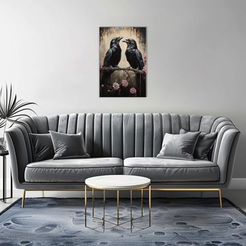 Crow Canvas Wall Art Black Raven Picture Print Pink Rose Poster Vintage Gothic Painting Artwork for Living Room Halloween Decor